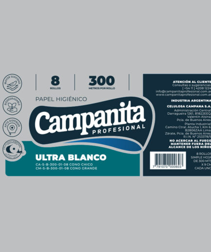 Papel Higienico Campanita Ultra Blanco Simple Hoja 300 mts - Cono chico