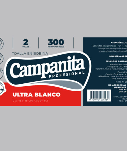 Toalla en Bobina Campanita Ultra Blanco. Mas absorbente. Múltiples usos. Apto Dispenser. 2 rollos de 300 metros cada uno.